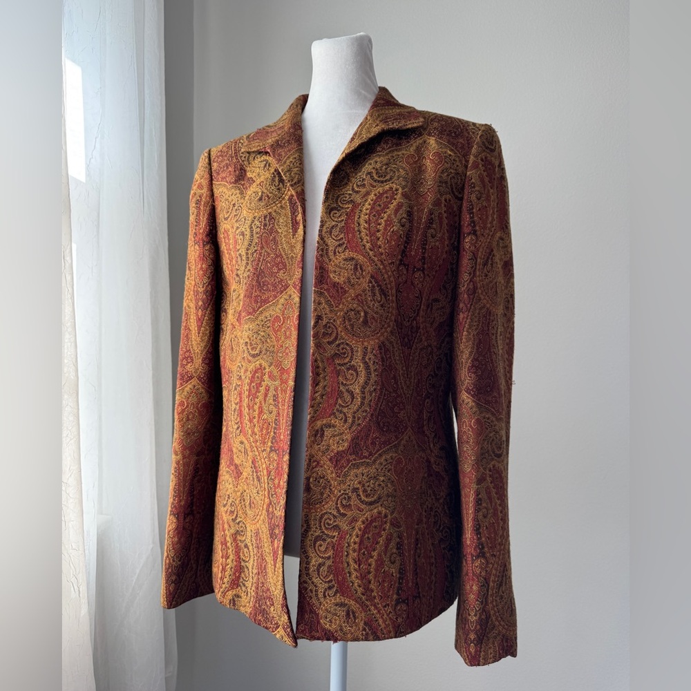 Kasper Copper & Burgundy Paisley Print Textured Open Front Blazer